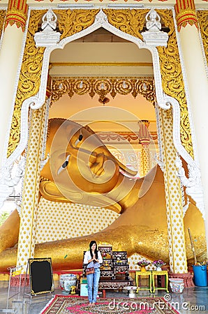 Photography glid cover Reclining Buddha with gold leaf at Wat Ras Prakorngthum Nonthaburi Thailand Stock Photo